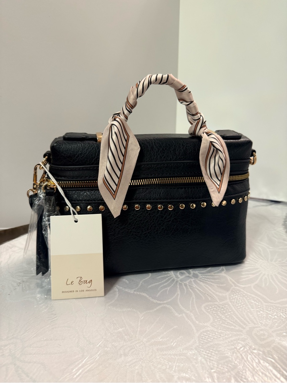 Black Studded faux  Leather Satchel with Scarf-Wrapped Handle